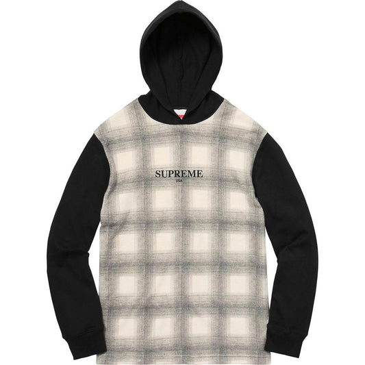 Supreme Shadow Plaid Hooded L-S Top Black — XXS — Front View