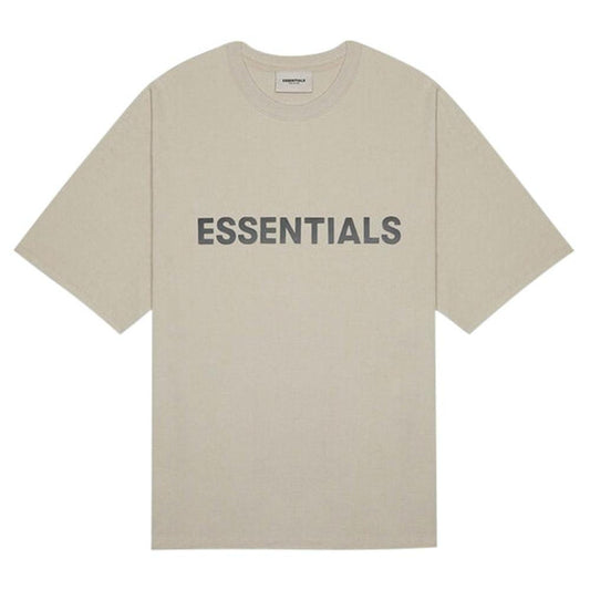 FEAR OF GOD ESSENTIALS 3D Silicon Applique Boxy T-Shirt Oatmeal Heather/String/Tan — XXS — Front View